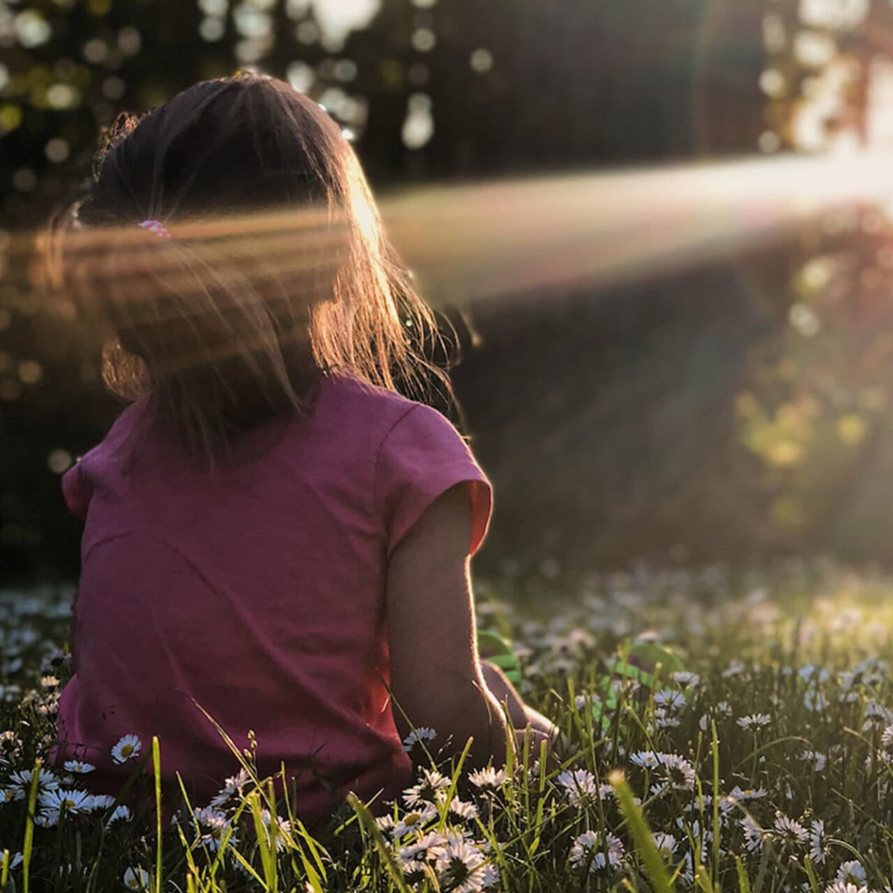 Ett barn med rosa tröja sitter i en äng av blommor och njuter av solen